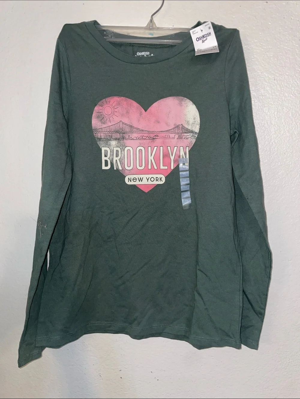 OshKosh B'gosh Forest Green Long Sleeve Tee with Pink Heart Brooklyn Graphic